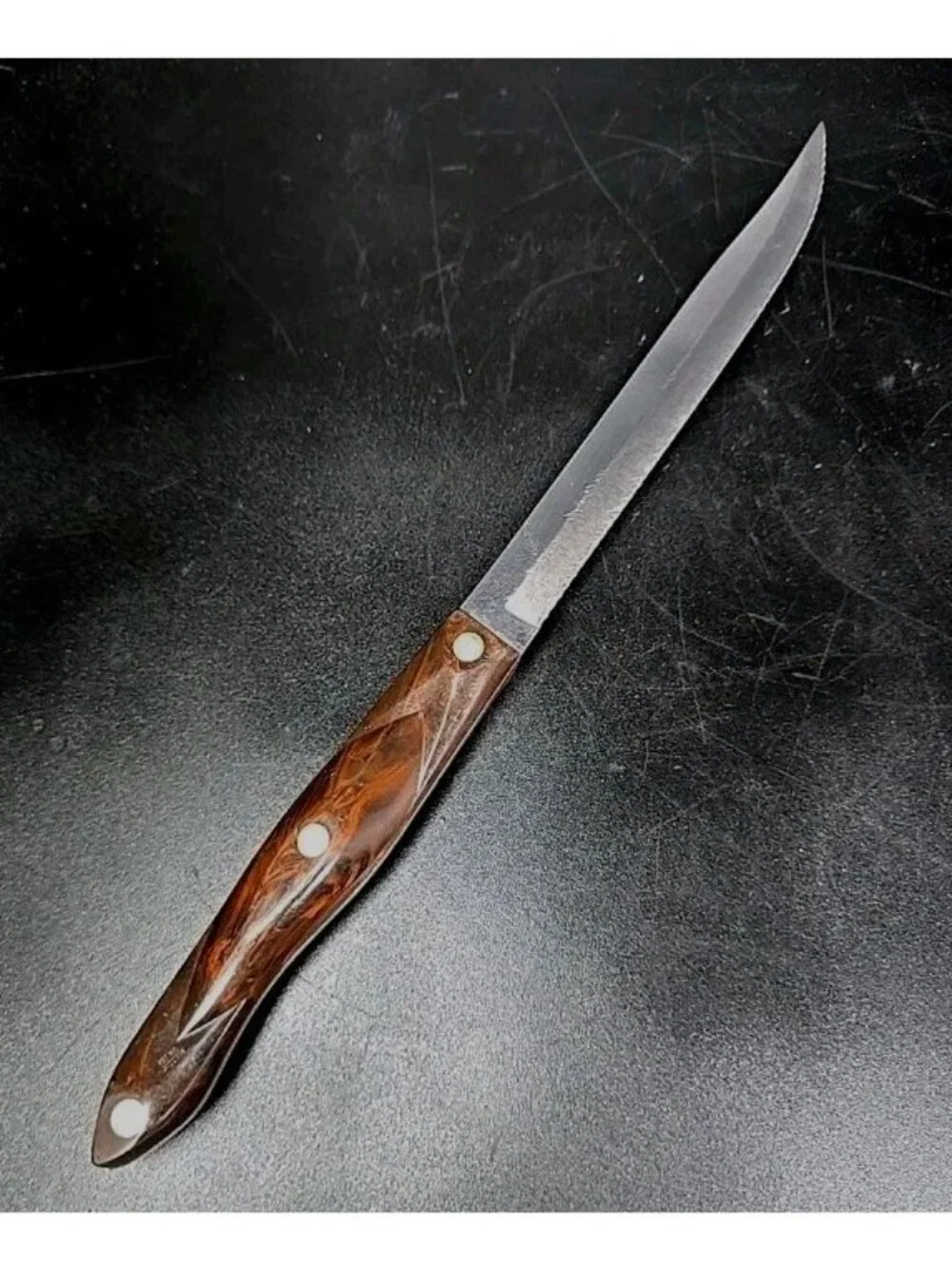 Cutco Brown Orange Swirl 1729 Vtg  USA Serrated Knife Marble Design MCM